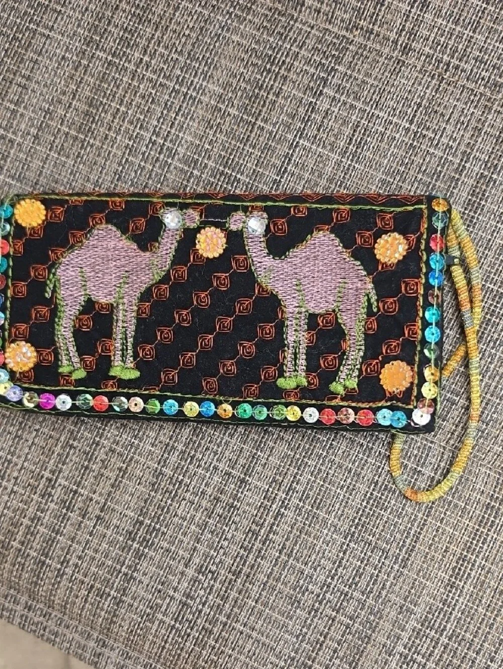 Embroidered Black Wristlet Wallet with Lavender Camel Motif